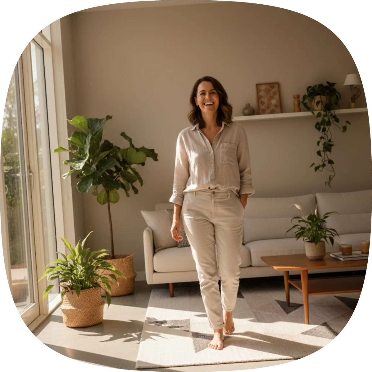 A HomeMaid Cleaning Tech in a bright living room