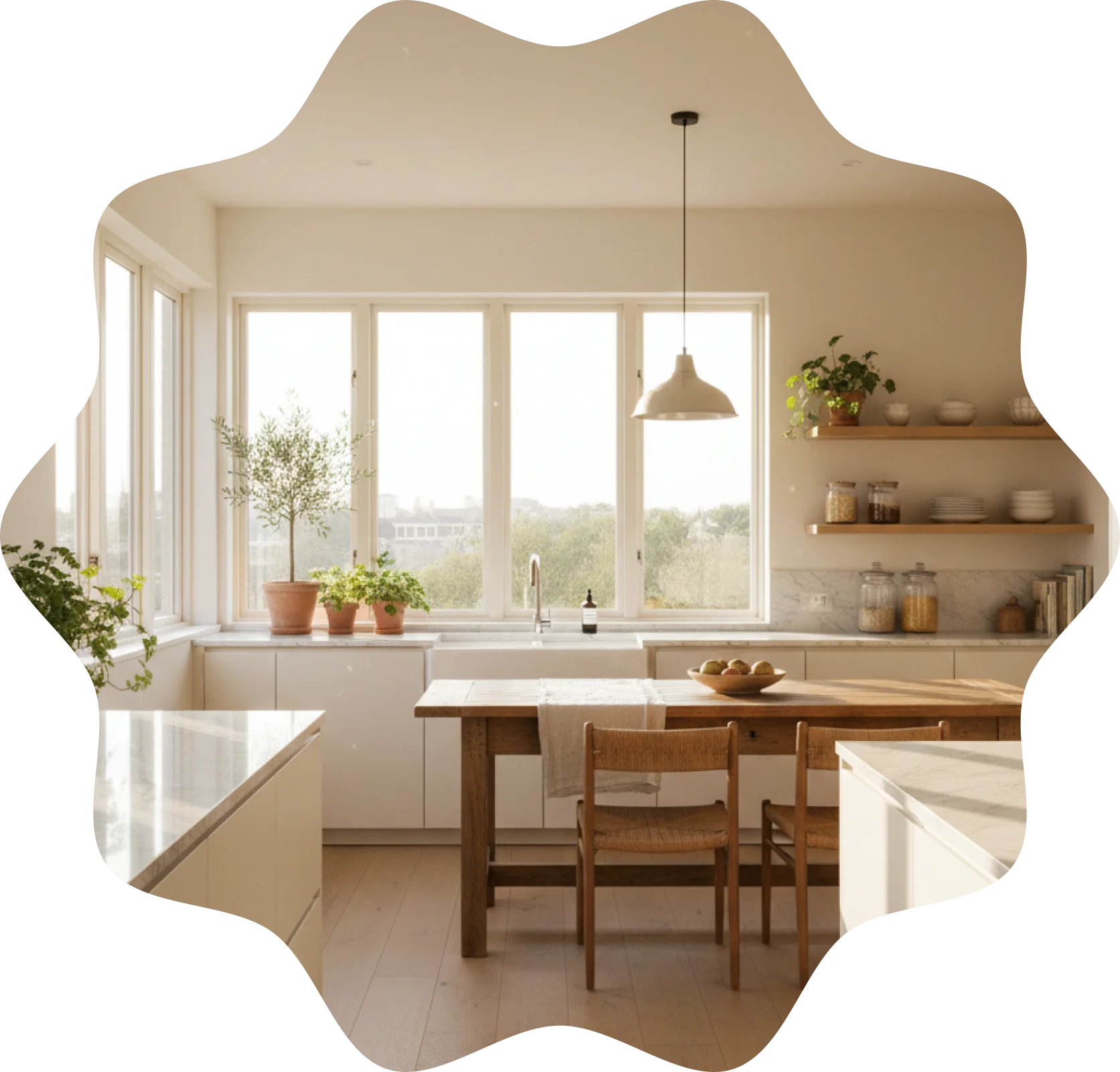 A bright, freshly cleaned kitchen and dining room
